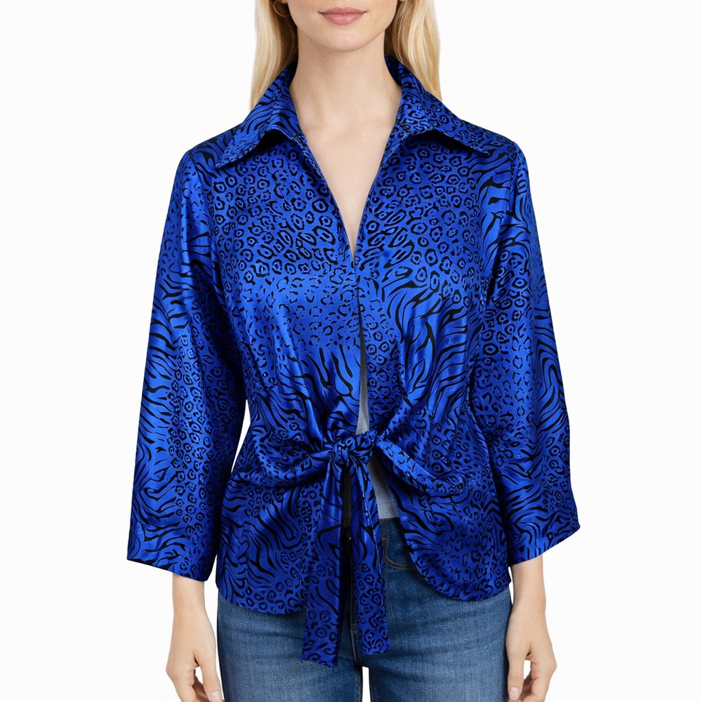 Mishca Satin Blue Tie Front Blouse Animal Print Chic Shirt Elegant Artsy Size M